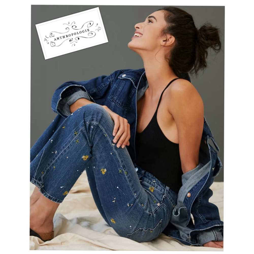 Anthropologie Blue Embroidered Wide-Leg Jeans